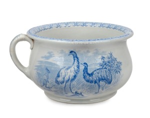 An antique English porcelain chamber pot adorned with emus and kangaroos, unusual blue colourway, 19th century,  blue crown factory mark stamped J. N. & Co., ​​​​​​​13cm high, 25cm wide