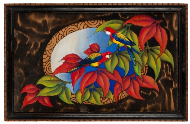 An Australiana pokerwork tray with hand-painted rosellas in foliate design, circa 1920s,  54cm wide