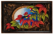 An Australiana pokerwork tray with hand-painted rosellas in foliate design, circa 1920s,  54cm wide