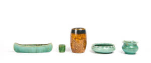 Group of 5 South Australian pottery vases comprising Bosley brown glazed vase (18.5cm); Bosley green glazed vase (5cm); Bennett canoe vase, float bowl & vase.