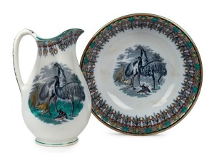 HAMMERSLEY "Australia" English porcelain wash jug and basin adorned with emus and kangaroos, 19th century, blue factory mark to base "R Hammersley, Australia",  the jug 35cm high x 22cm wide, the basin 12cm high x 39cm diameter