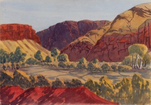 EDWIN PAREROULTJA (1918 - 1986), (Central Australian Landscape), 1963, watercolour on artist's board, signed lower right, 38.5 x 55.5cm. Stamped and endorsed verso "Purchase authorized (signature) District Welfare Officer, Alice Springs, 12/8/63."