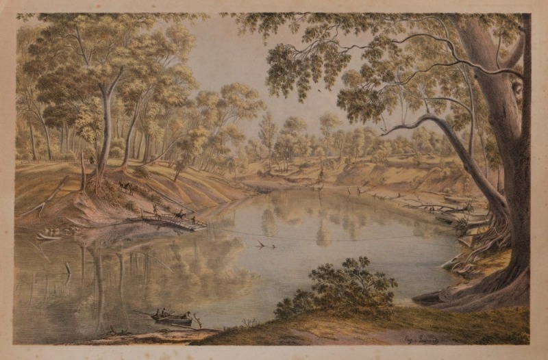 EUGENE VON GUERARD (1811 - 1901), Goulburn River near Shepparton, c.1867, Hand coloured lithograph, signed in plate at lower right, 35 x 51cm, laid down on card.