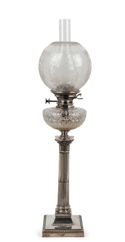 An antique English sterling silver and crystal banquet lamp with acid etched glass shade and chimney, 19th century, Note: Hinks single burner with bayonet mount, 78cm high