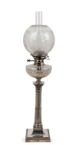 An antique English sterling silver and crystal banquet lamp with acid etched glass shade and chimney, 19th century, Note: Hinks single burner with bayonet mount, 78cm high