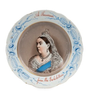 "A SOUVENIR FROM THE EXHIBITION" antique porcelain plate with portrait of Queen Victoria, 19th century, ​​​​​​​24.5cm wide