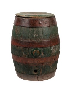 An antique coopered beer barrel with green painted finish and iron strapping, stamped "TOOTH", 19th century,  44cm high, 33cm wide