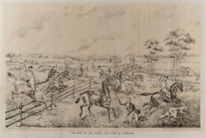 Artist Unknown, "The Meet of the Sydney Hunt Club at Homebush", lithograph, "Supplement to the 'Illustrated Sydney News' 1873", "Printed by Gibbs, Shallard, & Co., Lithographers, 108 Pitt Street, Sydney", laid down on paper, overall 57 x 84cm. We have be