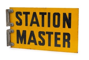 "STATION MASTER" vintage yellow and black railway sign, 20th century, 23 x 39cm including bracket