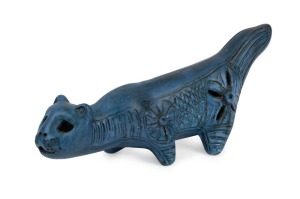 McLAREN blue glazed pottery cat ornament, incised "McLaren", 12.5cm high, 30cm long