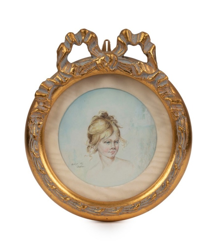 EVELYN BAXTER (1926-1979), Mimi (Little French Girl), circular watercolour, signed lower left "Evelyn M. Baxter", in circular mount and frame, 13cm diameter, 25 x 22cm overall