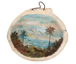 A Folk Art landscape painting on whale bone vertebrae depicting a mountainous Pacific Island scene, 19th century, 35 x 39cm