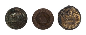 Three convict era buttons including Port Arthur fire damaged example (26mm), Goal Department W.A. (23mm) and Convict Department (23mm)