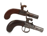 Two antique percussion cap English pocket pistols, one stamped "Booth, Sunderland" and the other "Smith, London", early to mid 19th century, ​​​​​​​15 and 14.5cm long