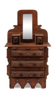 An antique Australian tramp art Duchess chest, cigar box cedar construction, 1890s depression era, ​​​​​​​46cm high