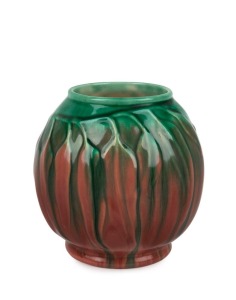 MELROSE WARE pottery gum leaf vase, glazed in pink and green, bearing original paper label, 14.5cm high
