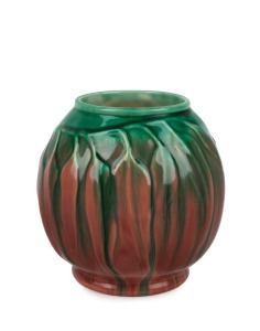 MELROSE WARE pottery gum leaf vase, glazed in pink and green, bearing original paper label, ​​​​​​​14.5cm high