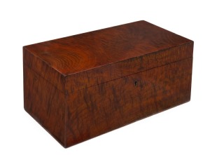 S. P. CHARTERIS OF COLLINGWOOD, MELBOURNE handsome fiddleback blackwood box, lined with huon pine, impressed maker's mark to the inner edge, 19th century, 15cm high, 34.5cm wide, 18cm deep