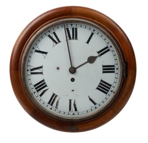 STATION CLOCK, antique English single train fusee movement in mahogany case with brass plaque "548", purported to have come from BALACLAVA station in Melbourne, late 19th century, 40cm diameter