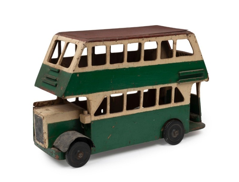 A Folk Art Sydney double decker bus toy, painted ply and metal, circa 1930s, 31cm high, 50cm long