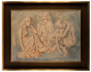 LOUIS V. KAHAN (1905 - 2002), Three figures & guitar, watercolour, signed and dated '72 lower right, titled lower left, 56 x 76cm; framed 76 x 96cm.