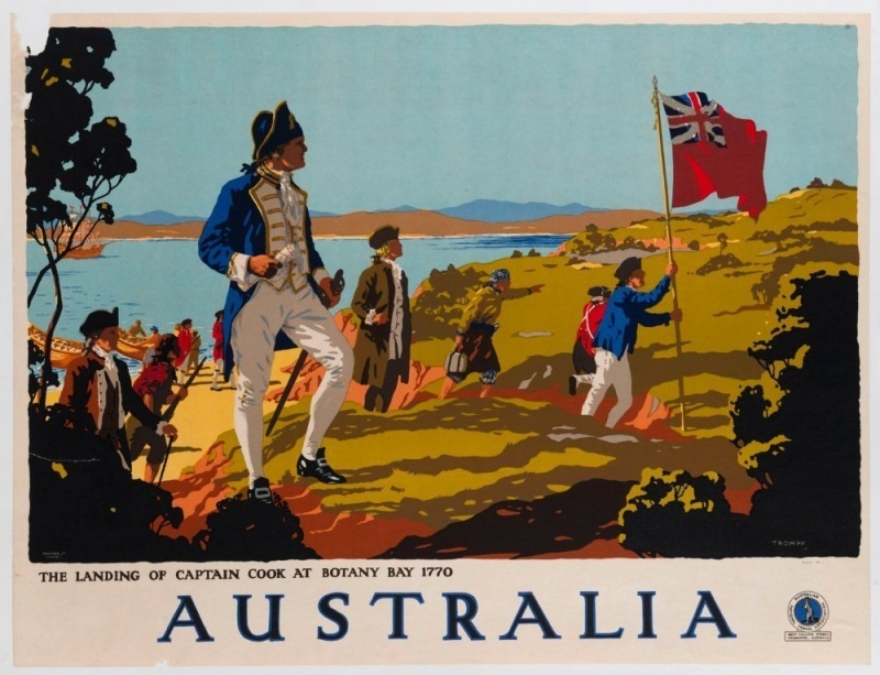 PERCIVAL ALBERT (PERCY) TROMPF (1902 - 1964), AUSTRALIA The Landing of Captain Cook at Botany Bay 1770, colour lithograph, circa 1930, signed in the plate, lower right, Printed by Posters Ltd., Sydney and marked "Poster No.1"  above the Australian Nationa