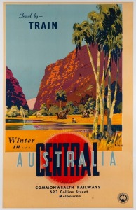 JAMES NORTHFIELD (1887 - 1973), Travel by TRAIN - Winter in CENTRAL AUSTRALIA, colour lithograph, circa 1940s, with Commonwealth Railways No.16 in map logo at lower right, Printed by W.M. Houston, Government Printer, Melbourne. at base. 101 x 64cm; laid d