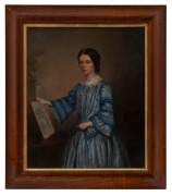 ROBERT HAWKER DOWLING, (Attributed), (1827-1886), (A Young Lady with her artwork and crayon), oil on canvas, circa 1850, housed in a fine fiddleback blackwood period frame, 60 x 50cm; framed 80 x 68.5cm. Provenance: Private Collection, Melbourne.