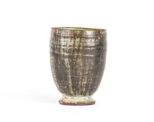 David & Hermia Boyd green glazed pottery vase, incised signature, c1960s. 16.5cm