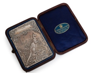 Antique sterling silver card carrying case adorned with repoussé kangaroo decoration in landscape, housed in original plush fitted box, late 19th century, ​​​​​​​10cm high, 60 grams