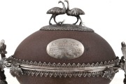 WILLIAM EDWARDS of Melbourne impressive silver and emu egg casket, adorned with emus, parrots, kangaroo and ferns. Bearing inscription "To A.A. Vansittart Esq, in grateful remembrance of Past Favors And Admiration Of Many,  Disinterested and Noble Actions - 3