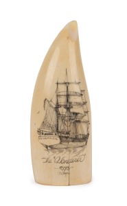 GARY TONKIN scrimshaw whale's tooth titled "The Wanderer, 1878", signed G. Tonkin, 20th century, ​​​​​​​12.5cm high