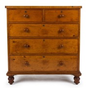 A Colonial huon pine chest of five drawers, with cross banded edging, cock beading and original circular brass escutcheons, Tasmanian origin, circa 1850, ​​​​​​​119cm high, 111cm wide, 49cm deep