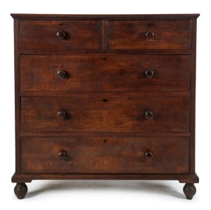 A rare solid casuarina chest of five drawers, Baltic pine packing case secondary timbers with blackwood knobs, South Australian origin, circa 1870. Unusual peg joint construction throughout, and scratched in cock beading to the drawer blades, most likely 