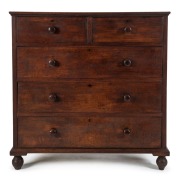 A rare solid casuarina chest of five drawers, Baltic pine packing case secondary timbers with blackwood knobs, South Australian origin, circa 1870. Unusual peg joint construction throughout, and scratched in cock beading to the drawer blades, most likely