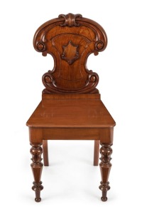 GEORGE DEBNEY (attributed) antique Australian cedar hall chair with shield back and finely carved centurion skirt legs, 19th century, ​​​​​​​91cm high