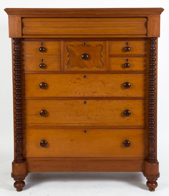 An antique Australian kauri pine chest of eight drawers with bobbin turnings and blackwood knobs, South Australian origin, circa 1880s, ​​​​​​​152cm high, 127cm wide, 56cm deep