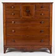 An Australian cedar chest of eight drawers with imported satinwood inlay and bracket feet, circa 1830. A rare and early piece, unfortunately restored at some stage, 138cm high, 137cm wide, 60cm deep