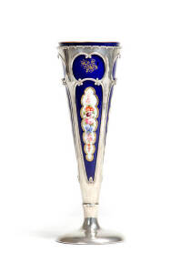 ROYAL WORCESTER: A fine epergne style trumpet vase with hand painted floral panels, beautifully housed in a sterling silver stand. Total height 29.5cm