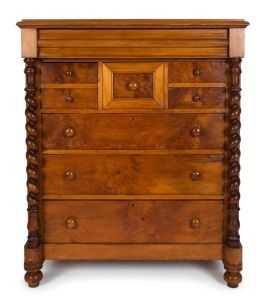 An antique Australian eight drawer chest with barley twist columns, birdseye huon pine, Melbourne origin, 19th century, ​​​​​​​141cm high, 119cm wide, 57cm deep