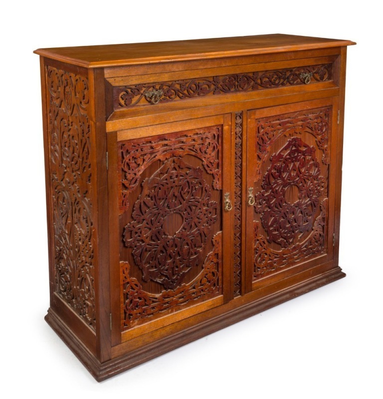 An antique Australian cedar and pine sideboard with Germanic fretwork carving, Barossa Valley, South Australian origin, 19th century, ​​​​​​​118cm high, 129cm wide, 48cm deep