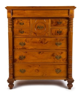 An antique Australian eight drawer chest with full turned columns, huon pine and kauri secondary timbers, 19th century, ​​​​​​​139cm high, 101cm wide, 50cm deep