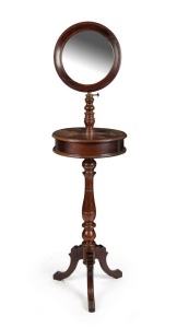 An antique Tasmanian blackwood shaving stand, fitted with adjustable mirror and revolving lidded storage compartment, ring turned baluster pedestal stand with decorated cabriole legs. Circa 1880, 157cm high, 43cm across 