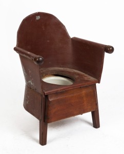  An antique Australian Child's commode chair, tin and ash wood construction with burnt ochre painted finish. Circa 1920, 68cm high, 52cm across the arms.
