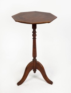 An antique Tasmanian wine table, octagonal top with select native veneers including Blackwood and musk, turned tapering stem terminating on three cabriole legs. Circa 1880, 71cm high, 41cm wide.