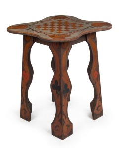 An antique Kauri pine games table, pokerwork chessboard decorated top supported on scalloped bracket legs with card game decoration. 19th, 20th century, 77cm high,65cm wide, 64cm deep.