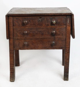 An antique Colonial three drawer drop-side table standing on raked legs, solid cedar and pine construction. 19th century, 75cm high, 71cm wide, 47cm deep, 120cm open.