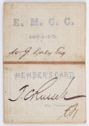 EAST MELBOURNE CRICKET CLUB: 1874-75 Membership Card; red leather exterior with gilt embossing, interior printed in blue and completed in manuscript for "W.J. Daly, Esq." and signed by the Hon. Treasurer J.G. Russell. Superb. - 2