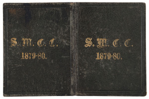 SOUTH MELBOURNE CRICKET CLUB: 1879-80 Member's Season Ticket, with sepia leather cover, gold embossing front and back, and attractive vignette of a batsman at the wicket. Numbered "No.209" in manuscript for "Mr. D.H. Fox" and signed by "S.Row" the Hon. Sec.