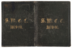 SOUTH MELBOURNE CRICKET CLUB: 1879-80 Member's Season Ticket, with sepia leather cover, gold embossing front and back, and attractive vignette of a batsman at the wicket. Numbered "No.209" in manuscript for "Mr. D.H. Fox" and signed by "S.Row" the Hon. Se